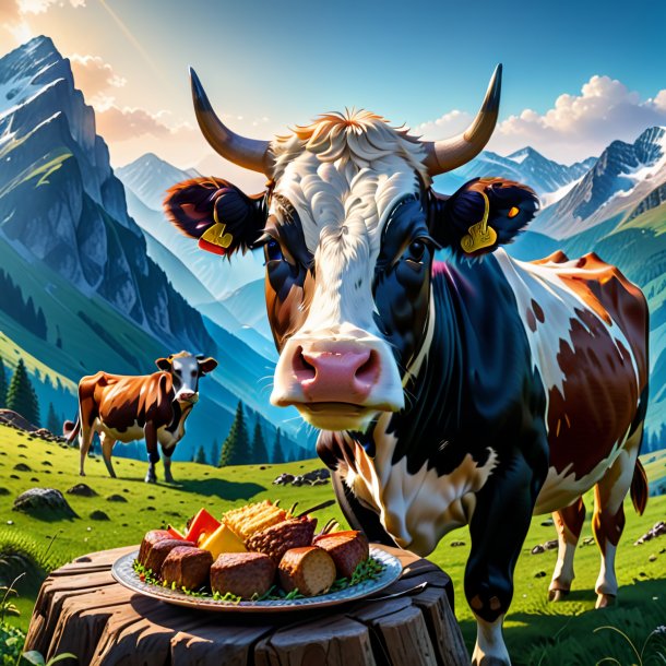 Photo d'un repas d'une vache dans les montagnes