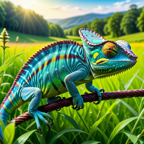 Image of a chameleon in a belt in the meadow