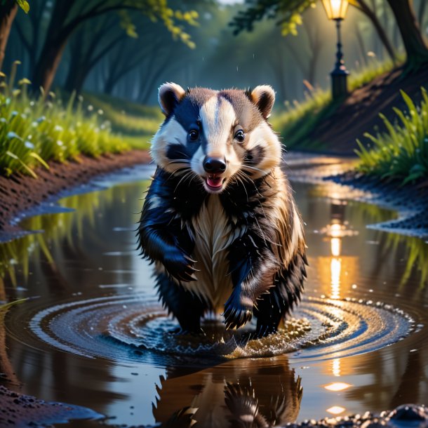 Picture of a dancing of a badger in the puddle