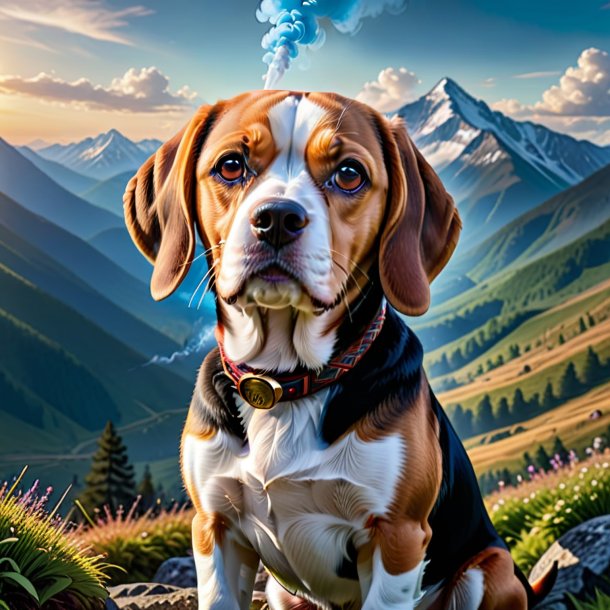 Pic of a smoking of a beagle in the mountains