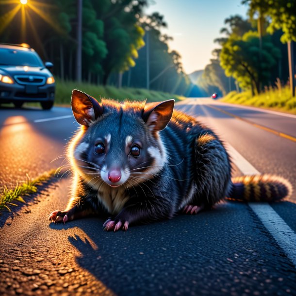 Image of a resting of a possum on the road