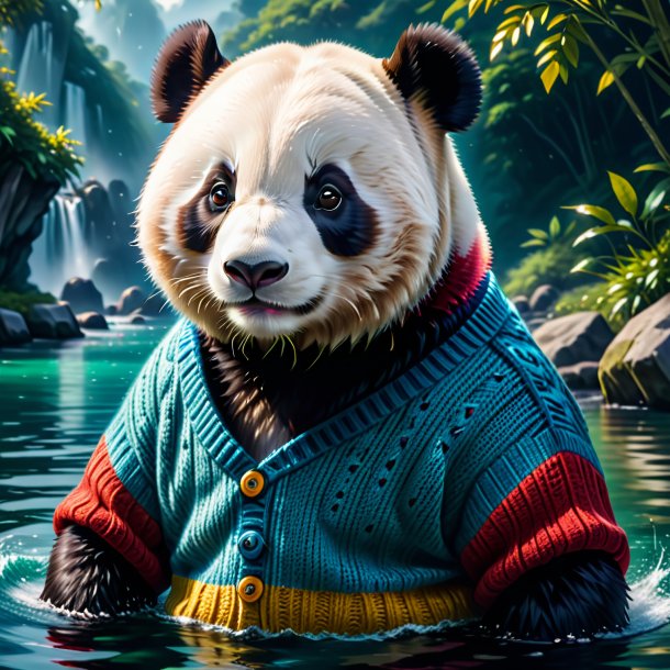 Imagem de um panda gigante em um suéter na água