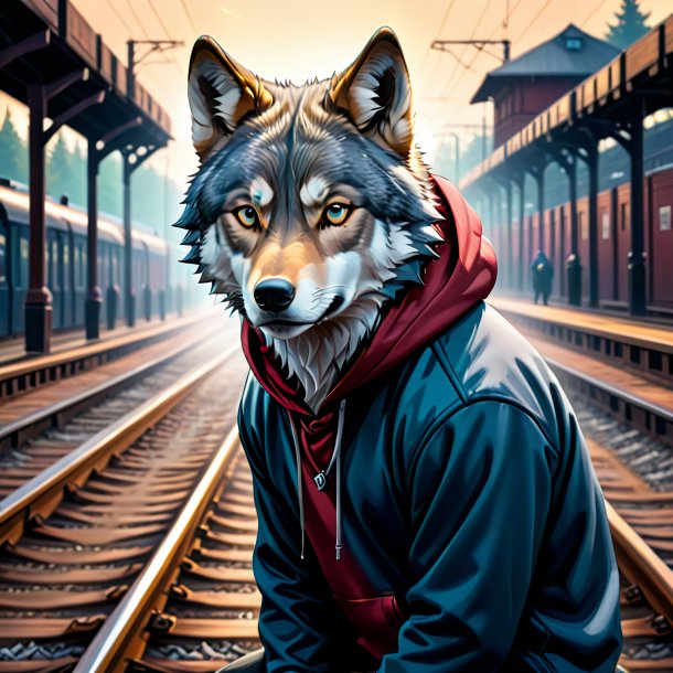 Dibujo de un lobo en una sudadera con capucha en las vías del tren