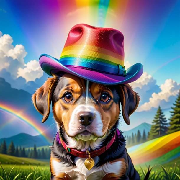 Image d'un chien dans un chapeau sur l'arc-en-ciel