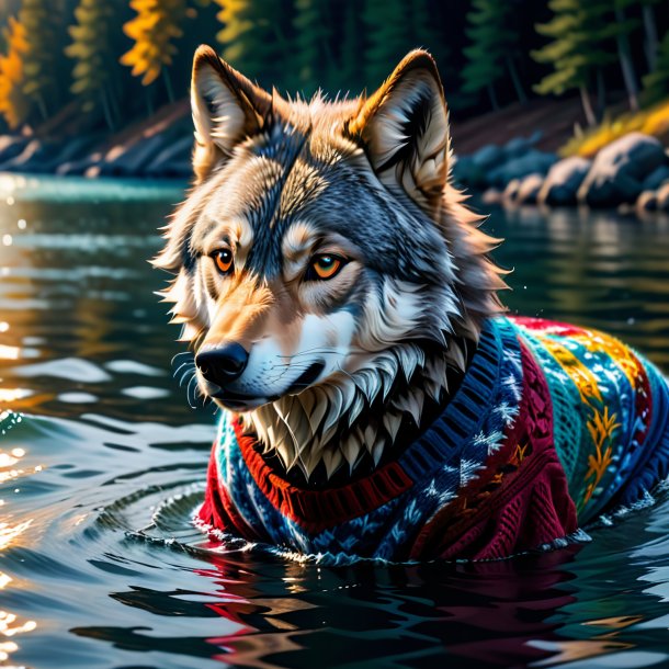 Photo of a wolf in a sweater in the water