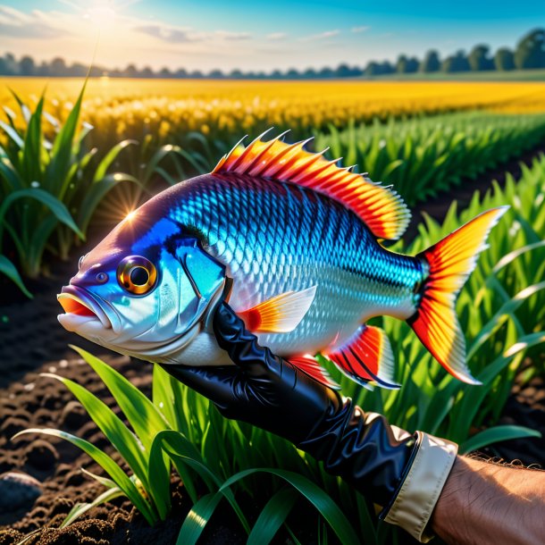 Foto de um peixe em uma luva no campo