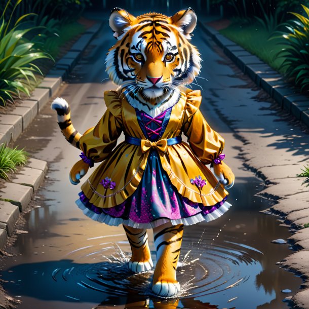 Drawing of a tiger in a dress in the puddle