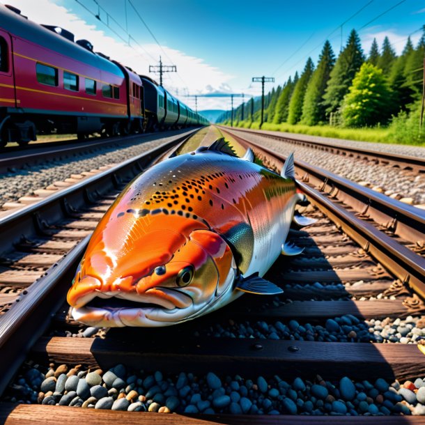 Foto del salmón en el chaleco sobre las vías del ferrocarril