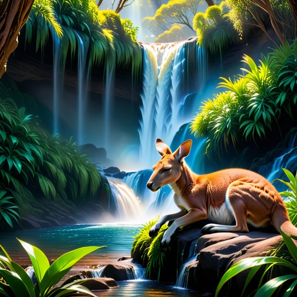 Image of a sleeping of a kangaroo in the waterfall