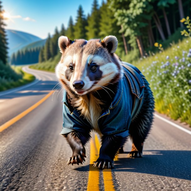 Picture of a badger in a jeans on the road