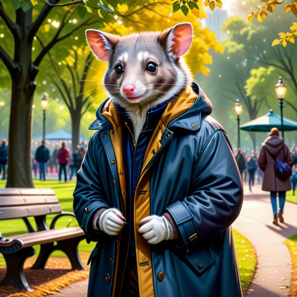 Drawing of a possum in a coat in the park