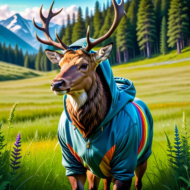 Photo of a elk in a hoodie in the meadow