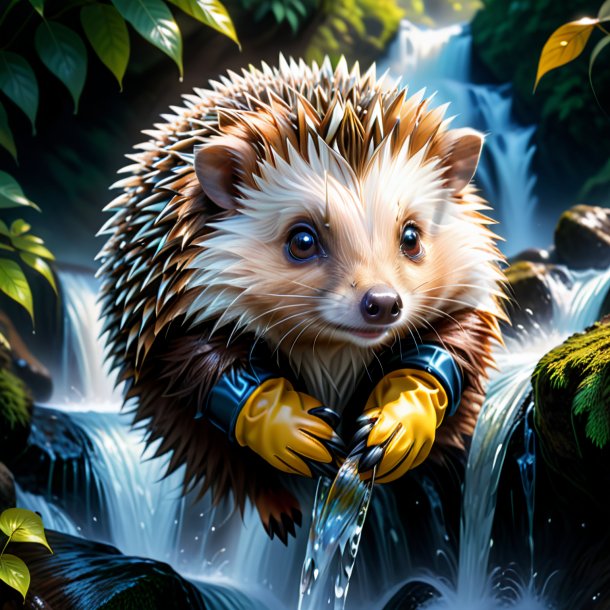 Drawing of a hedgehog in a gloves in the waterfall