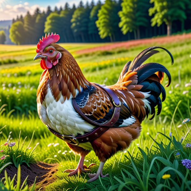 Photo d'une poule dans une ceinture dans la prairie