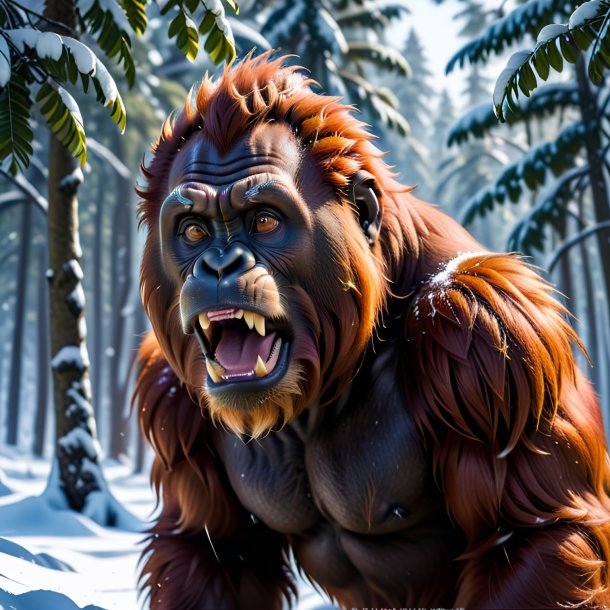 Picture of a threatening of a orangutan in the snow