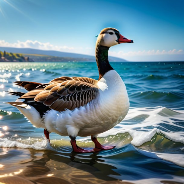 Picture of a goose in a dress in the sea