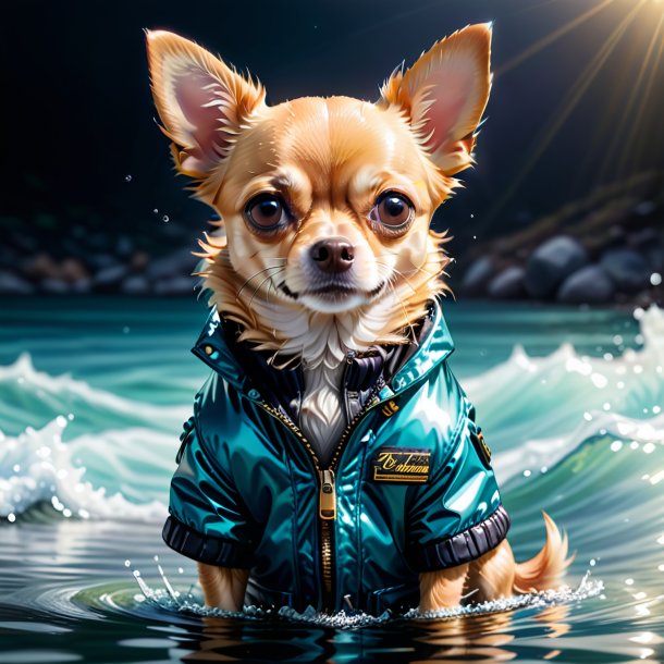 Illustration of a chihuahua in a jacket in the water