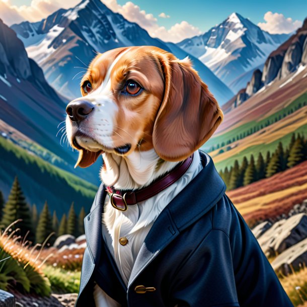 Dibujo de un beagle en el abrigo en las montañas