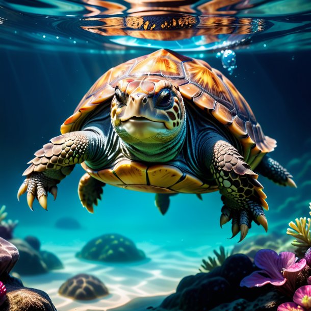 Foto de una tortuga con guantes en el agua