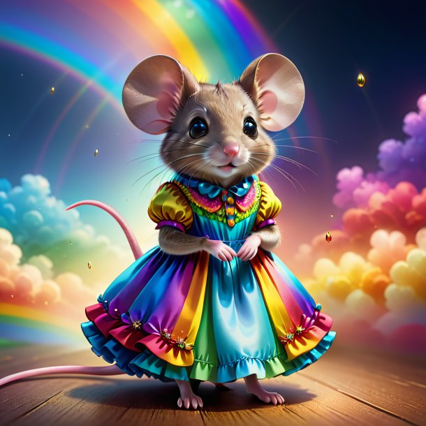 Illustration of a mouse in a dress on the rainbow