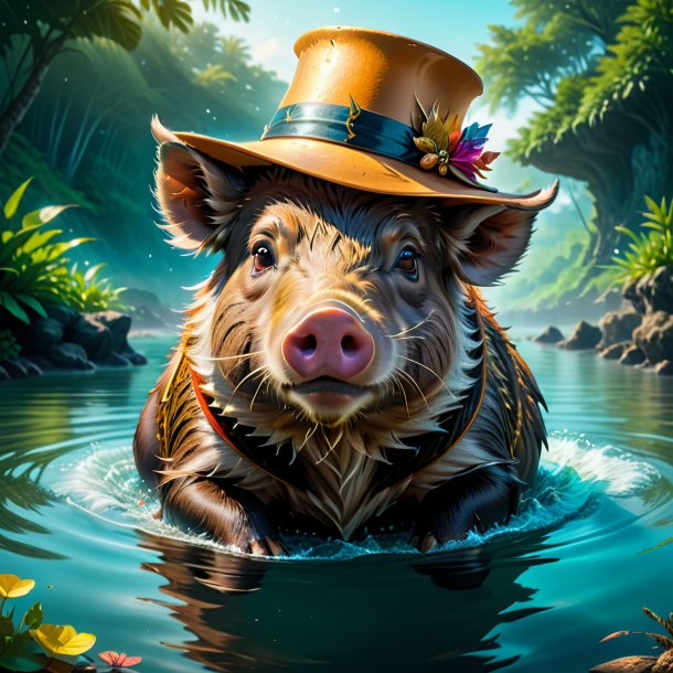 Drawing of a boar in a hat in the water