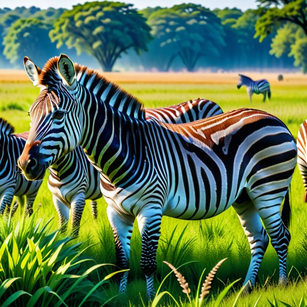 Photo of a swimming of a zebra in the meadow