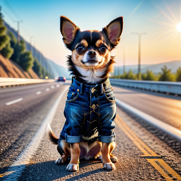 Foto de um chihuahua em um jeans na rodovia