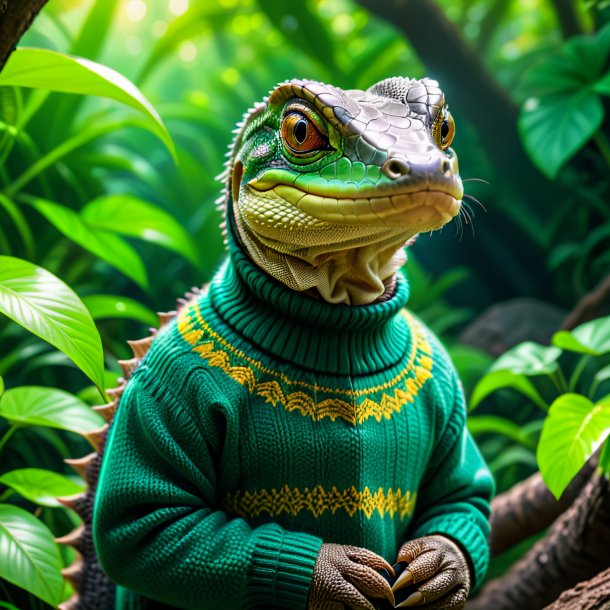 Pic of a monitor lizard in a green sweater