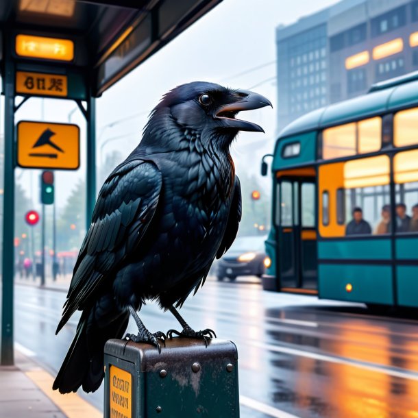 Photo d'une colère d'un corbeau sur l'arrêt de bus