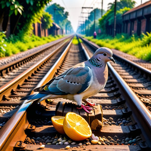 Photo d'un repas d'une colombe sur les voies ferrées