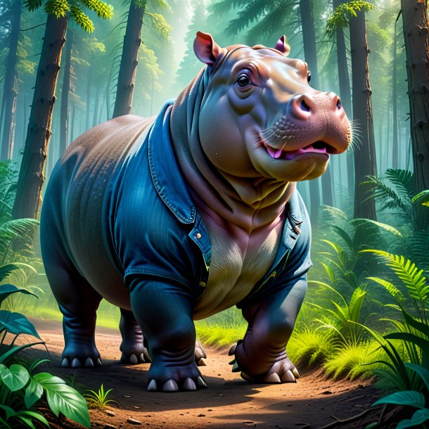 Image of a hippopotamus in a jeans in the forest