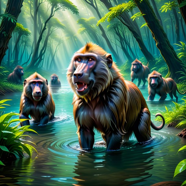 Image of a swimming of a baboon in the forest