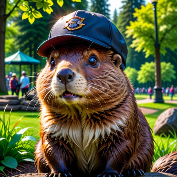 Pic d'un castor dans une casquette dans le parc