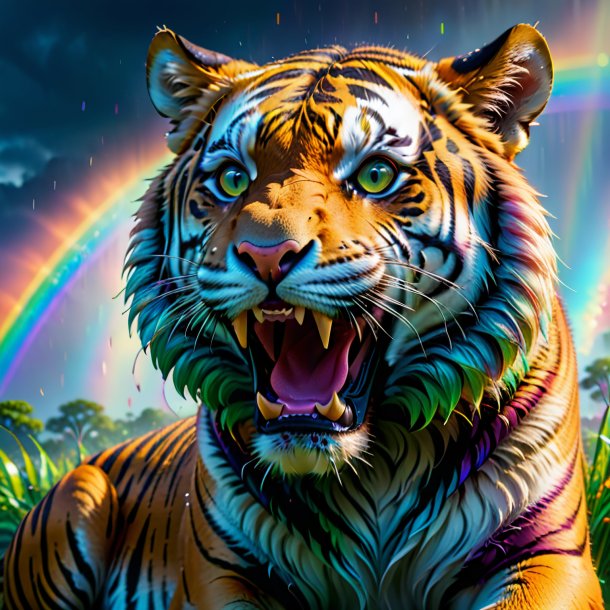 Foto de un llanto de un tigre en el arco iris