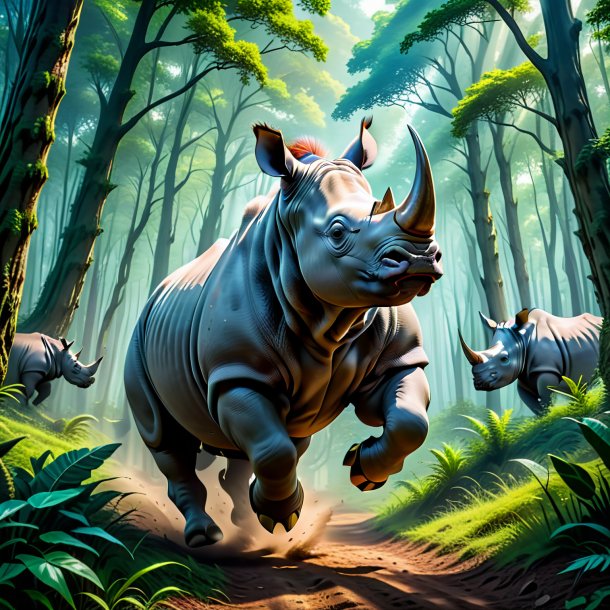 Image of a jumping of a rhinoceros in the forest