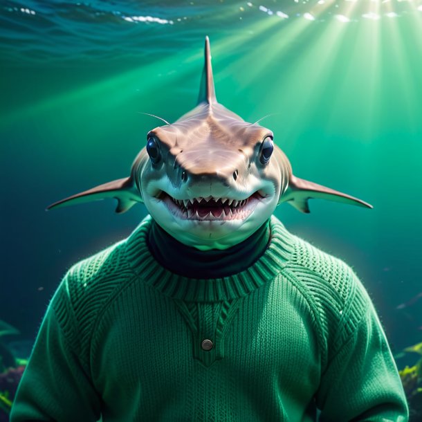 Photo of a hammerhead shark in a green sweater