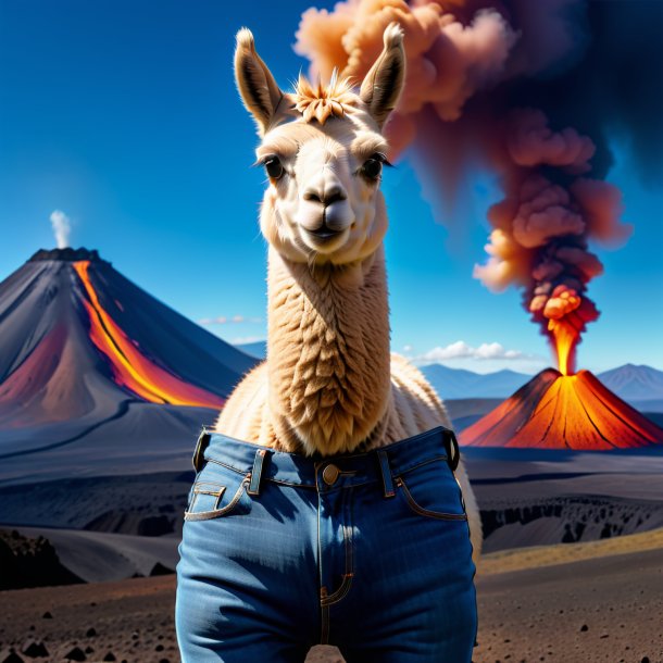 Foto de una llama en un jeans en el volcán