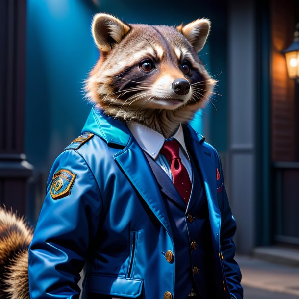 Photo of a raccoon in a blue jacket