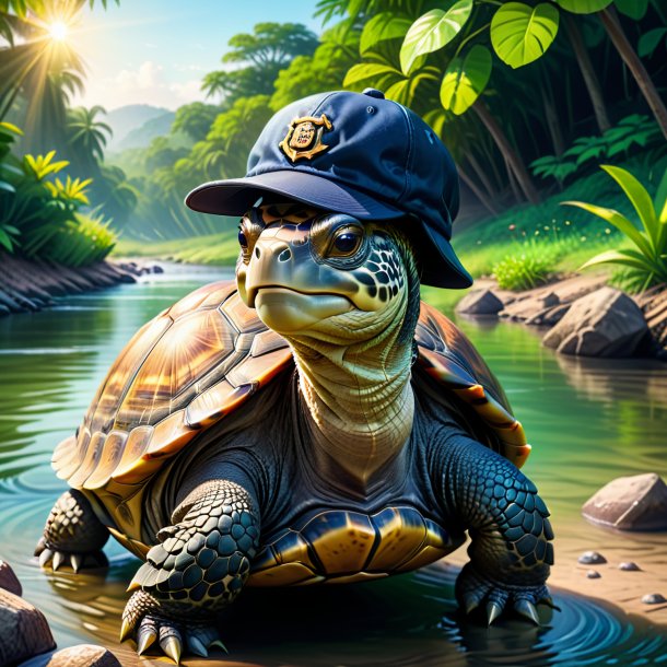 Illustration of a tortoise in a cap in the river