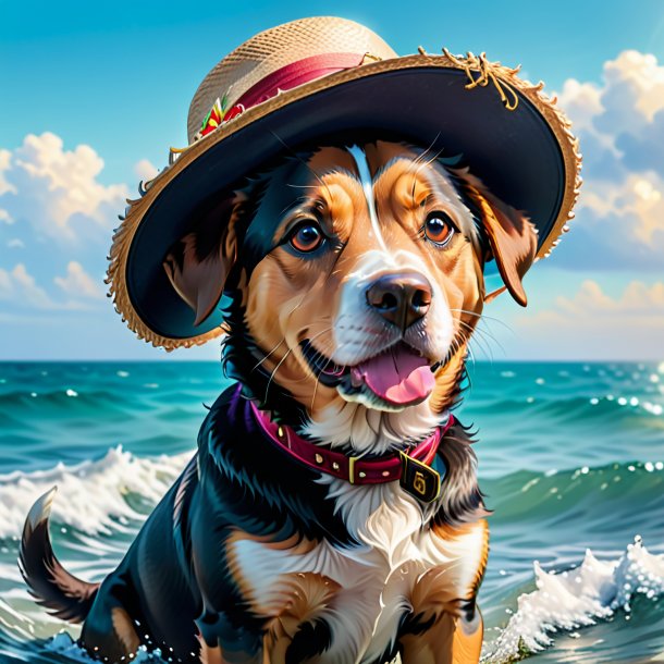 Picture of a dog in a hat in the sea