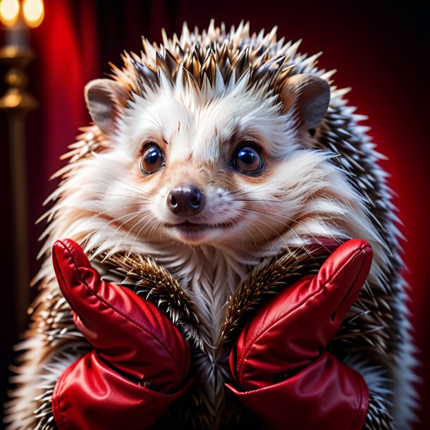 Photo of a hedgehog in a red gloves