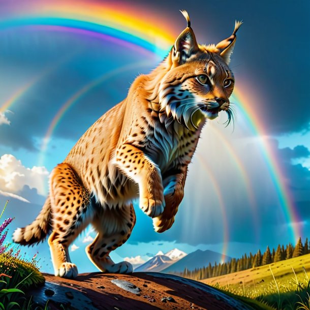 Image of a jumping of a lynx on the rainbow