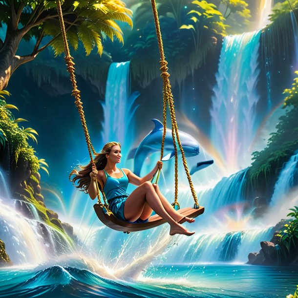 Picture of a swinging on a swing of a dolphin in the waterfall