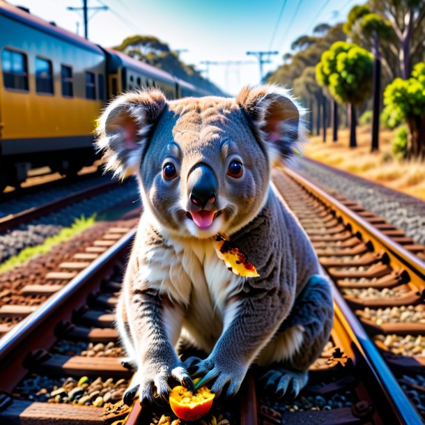 Uma foto de um coala comendo nas ferrovias