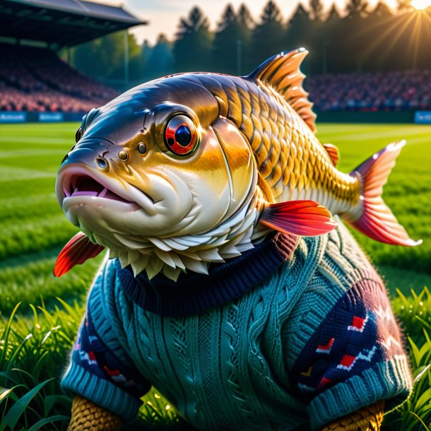 Photo of a carp in a sweater on the field