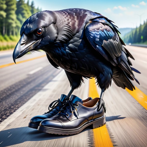 Image of a crow in a shoes on the highway