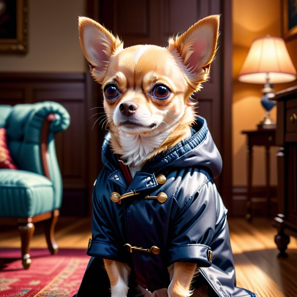 Illustration of a chihuahua in a coat in the house