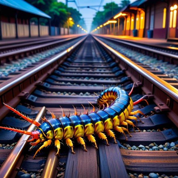 Foto de um sono de uma centopeia nos trilhos ferroviários