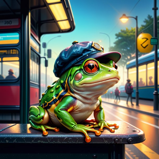 Illustration d'une grenouille dans une casquette sur l'arrêt de bus