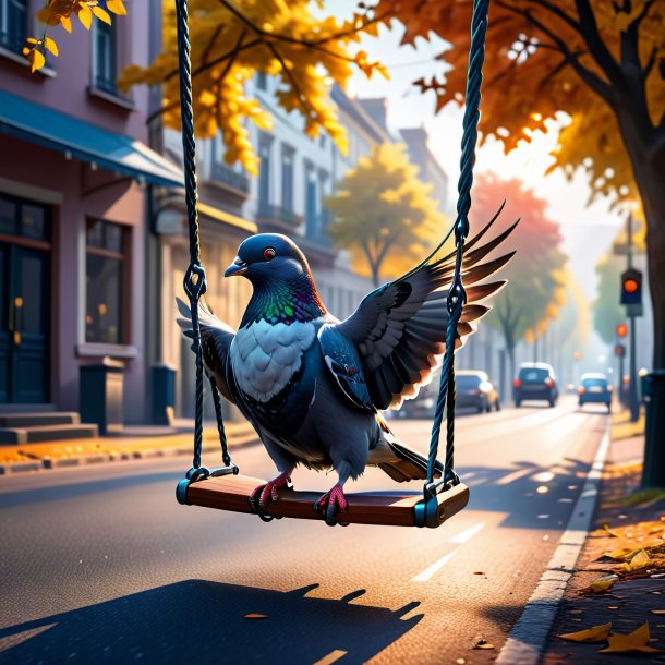 Photo of a swinging on a swing of a pigeon on the road